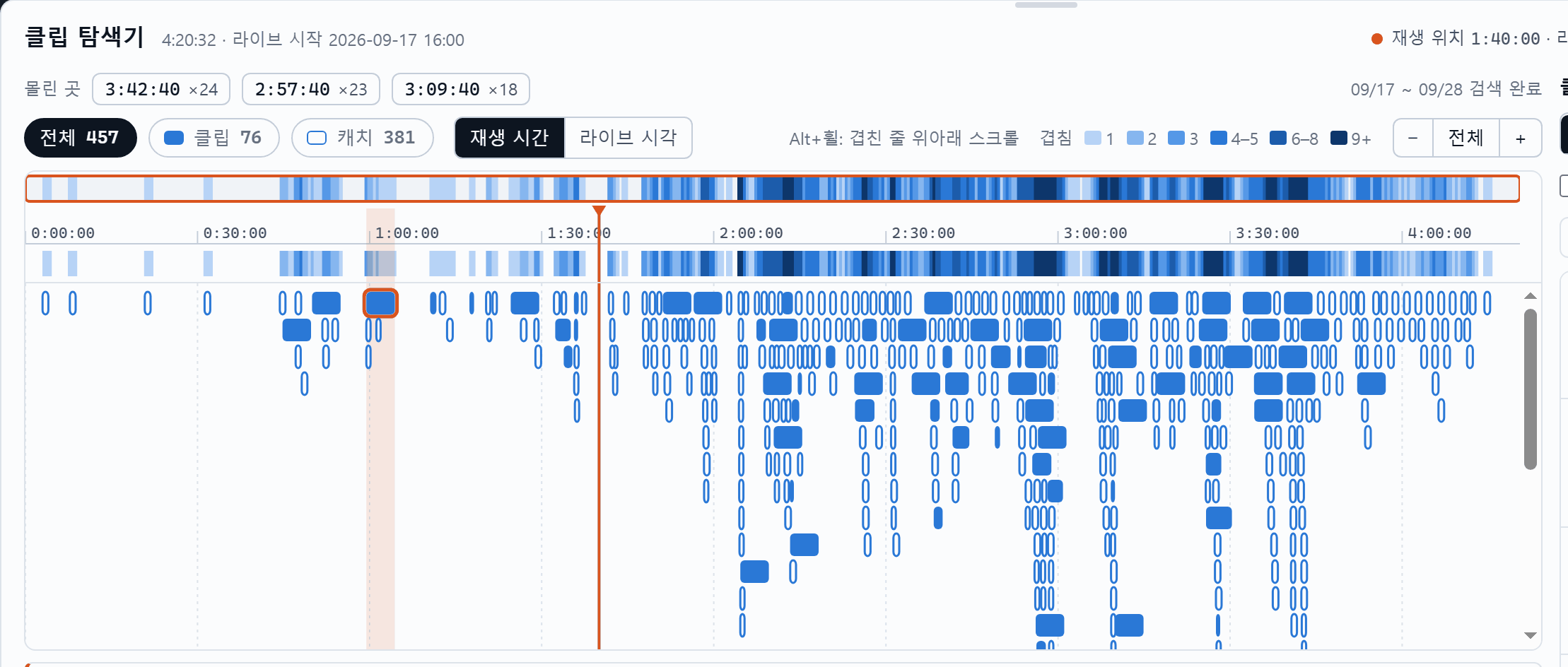 클립 탐색기 전체 화면: 클립·캐치 막대와 겹침 농도